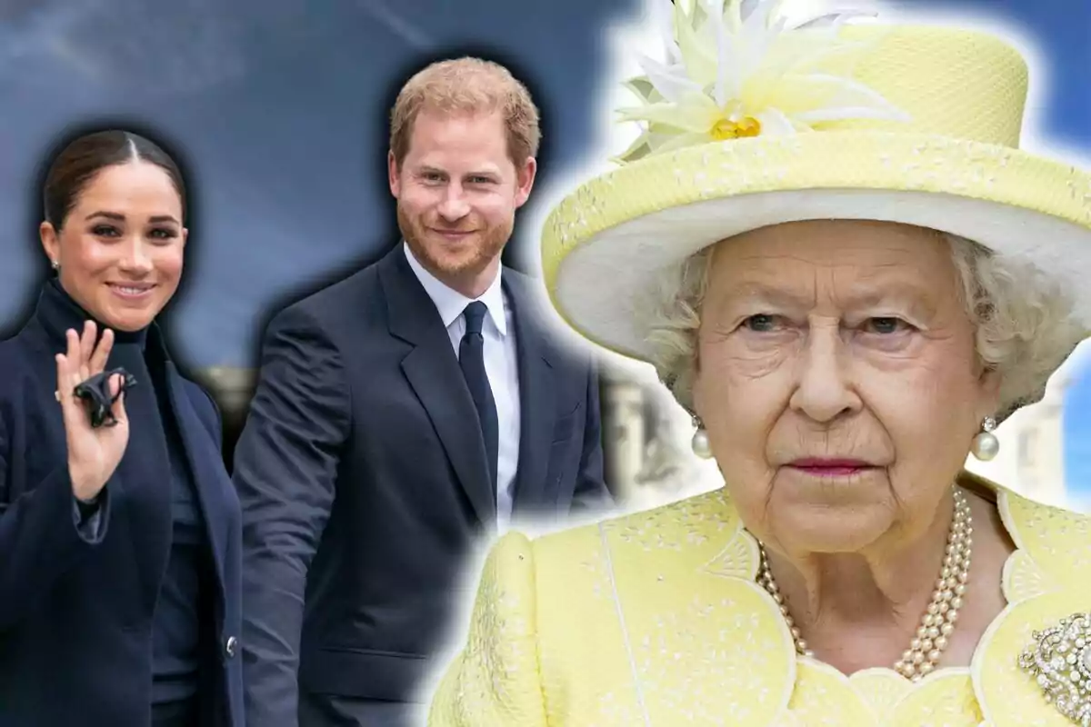 Una mujer y un hombre -que son el príncipe Harry y Meghan Markle- vestidos de manera formal, junto a una mujer mayor, que es Isabel II, con sombrero amarillo. Una mujer y un hombre -que son el príncipe Harry y Meghan Markle- vestidos de manera formal, junto a una mujer mayor, que es Isabel II, con sombrero amarillo.
