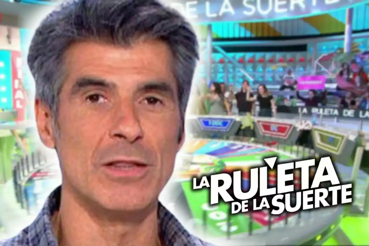 Montaje de fotos de primer plano del presentador Jorge Fernández con rostro serio y, de fondo, un plano general del plató del programa 'La Ruleta de la Suerte'.