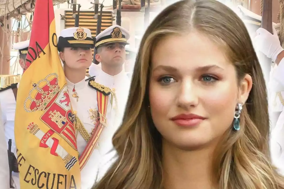 Photo montage of Leonor de Borbón in a naval uniform with a Spanish flag in the background, alongside another image of her with a serious expression in the foreground.