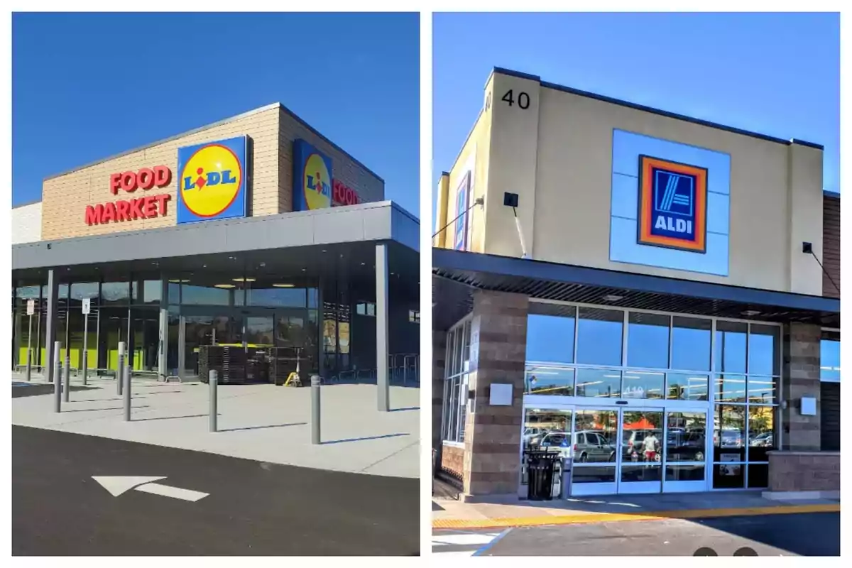 Two supermarkets, one Lidl on the left and another Aldi on the right, with modern facades and clear skies in the United States. Two supermarkets, one Lidl on the left and another Aldi on the right, with modern facades and clear skies in the United States.