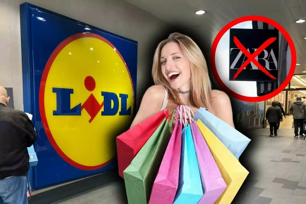 Una mujer sonriente sostiene bolsas de compras de colores frente a un cartel de Lidl, mientras un símbolo de prohibición aparece sobre un letrero de otra tienda.