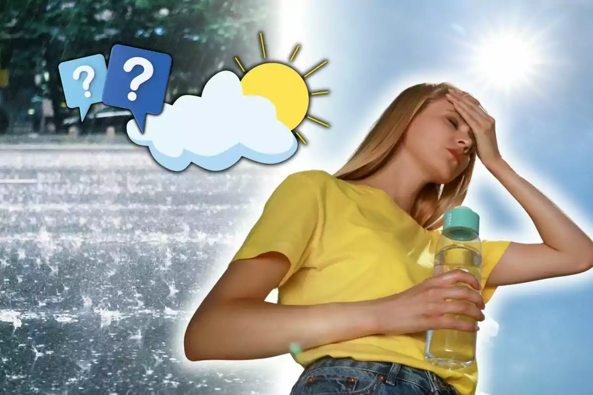 Mujer con camiseta amarilla sosteniendo una botella de agua bajo el sol, con expresión de cansancio, junto a un fondo dividido entre lluvia y sol con iconos de clima y signos de interrogación.