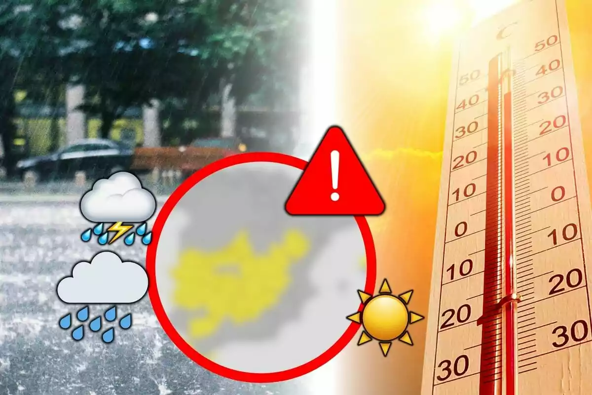 Imagen dividida en dos mitades que muestra lluvia intensa y tormenta a la izquierda y sol con altas temperaturas a la derecha con un termómetro y un símbolo de advertencia en el centro.