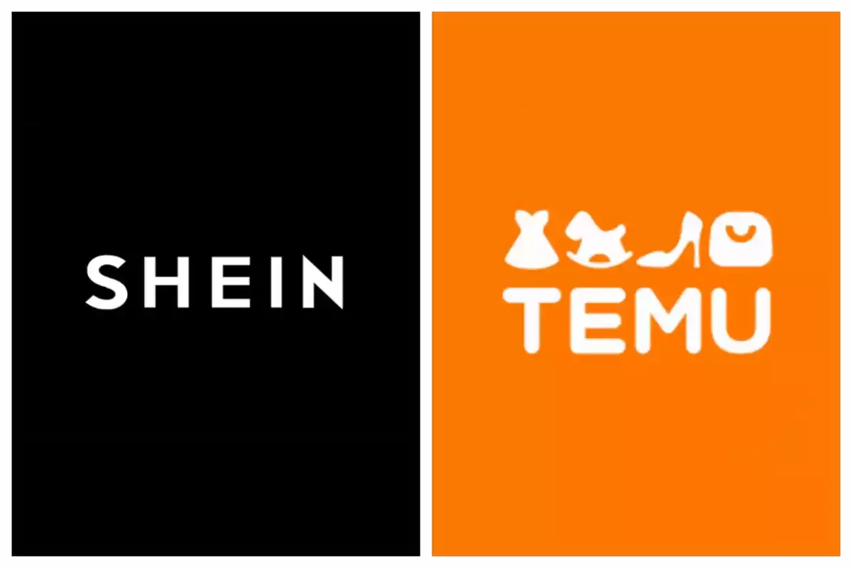Shein and Temu logos side by side, black background for Shein and orange for Temu. Shein and Temu logos side by side, black background for Shein and orange for Temu.