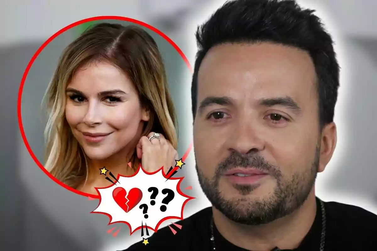 Águeda López sonriente dentro de un círculo rojo y Luis Fonsi al lado con barba, con un gráfico de corazón roto y signos de interrogación entre ellos.