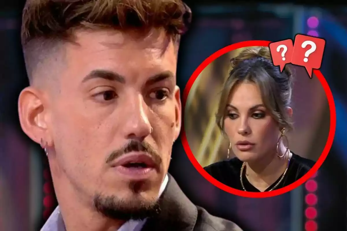 Luitingo con expresión seria mira hacia un lado mientras Jessica Bueno aparece en un círculo rojo con signos de interrogación.