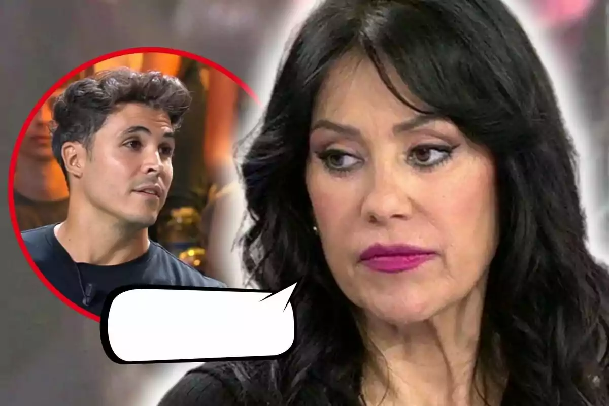 Maite Galdeano con cabello oscuro y expresión seria aparece en primer plano, mientras que en un círculo rojo al fondo se ve a Kiko Jiménez con cabello rizado y expresión pensativa.