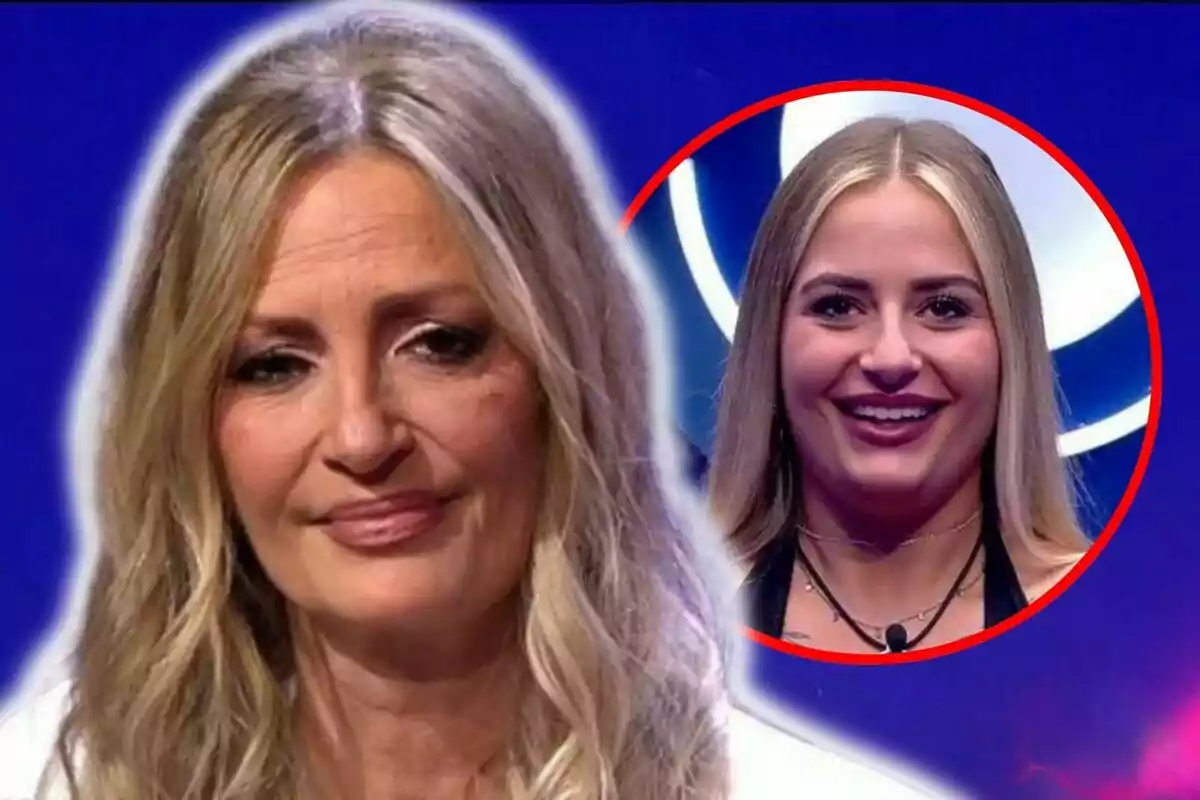 Dos mujeres rubias en un programa de televisión, María José Galera en primer plano con expresión seria y su hija, Laura, en un recuadro circular con expresión sonriente.