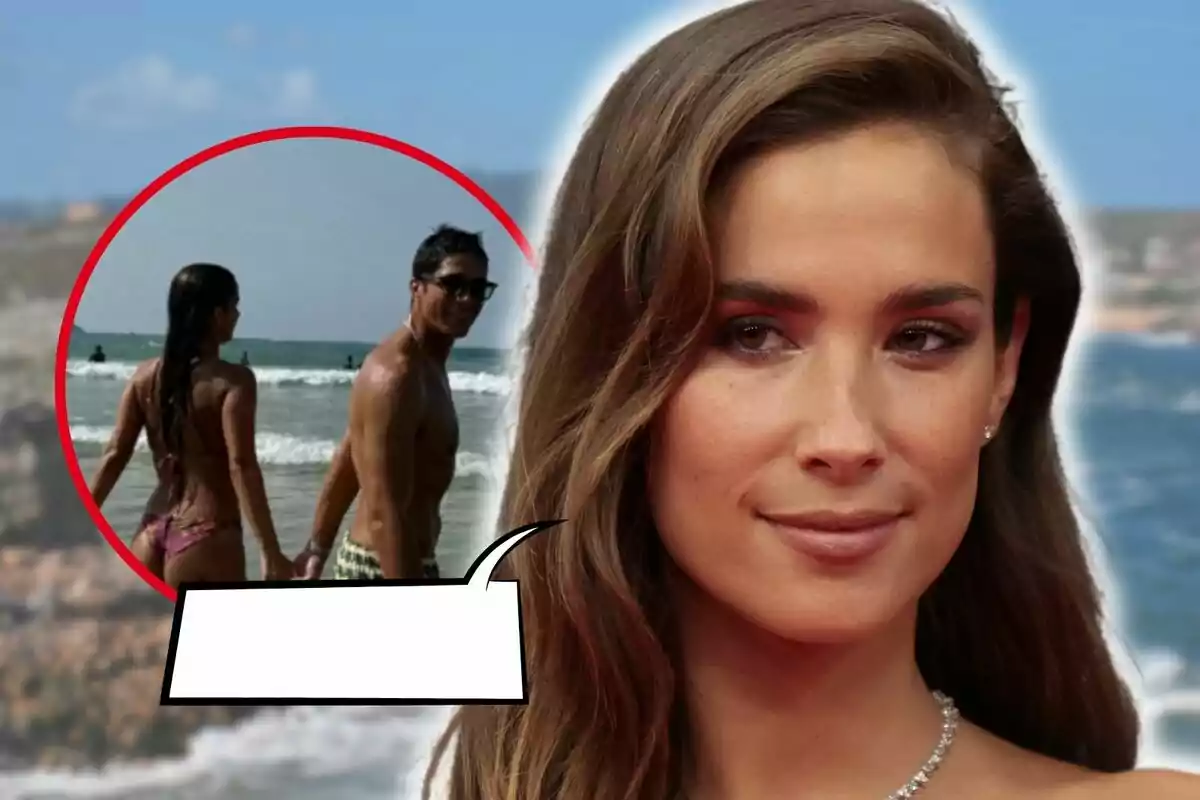 María Pombo en primer plano rostro serio y, al lado, una imagen insertada de ella con Pablo Castellano en la playa.