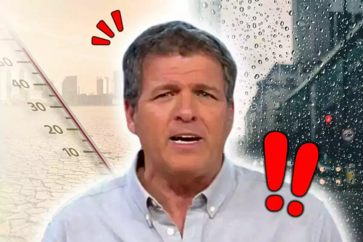 Montaje de fotos de Mario Picazo con expresión seria en el centro, y un fondo dividido entre clima seco y caluroso con termómetro y ciudad, y clima lluvioso con gotas en ventana, acompañado de signos de exclamación rojos.
