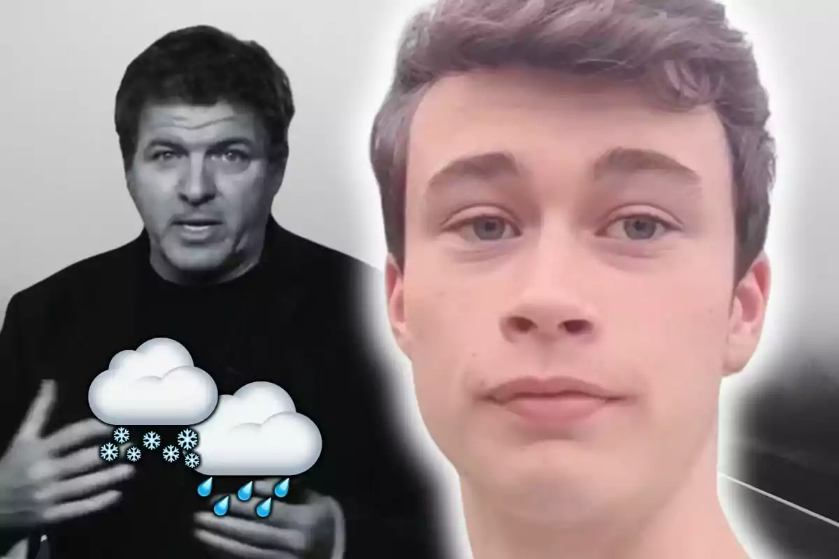 En la imagen se ven dos personas, Mario Picazo en blanco y negro con emojis de nubes, nieve y lluvia sobre su pecho, y Jorge Rey en color con una expresión neutral.