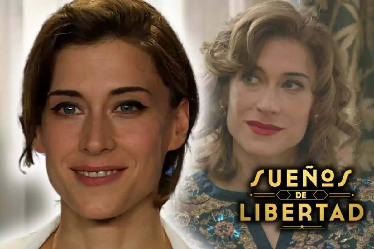 Imagen de la actriz Marta Belmonte con dos expresiones faciales diferentes, una sonriente y otra seria, con el texto "Sueños de Libertad" en la parte inferior derecha.