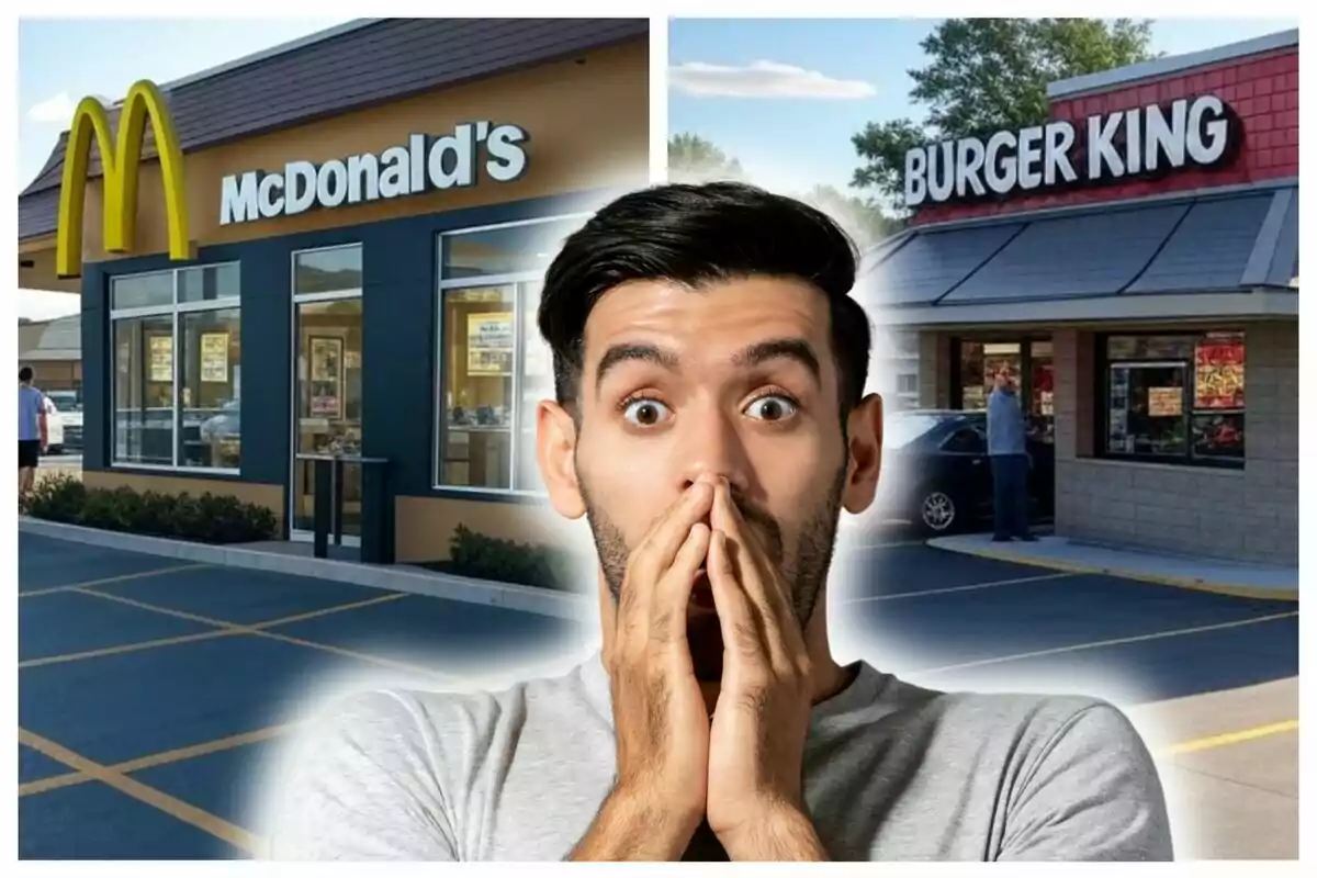 A man with a surprised expression is in front of two fast-food restaurants, one McDonald's and the other Burger King.