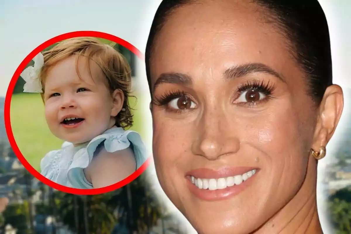 Montaje de fotos de Meghan Markle sonriente en un primer plano y, al lado, una imagen de la pequeña Lili.