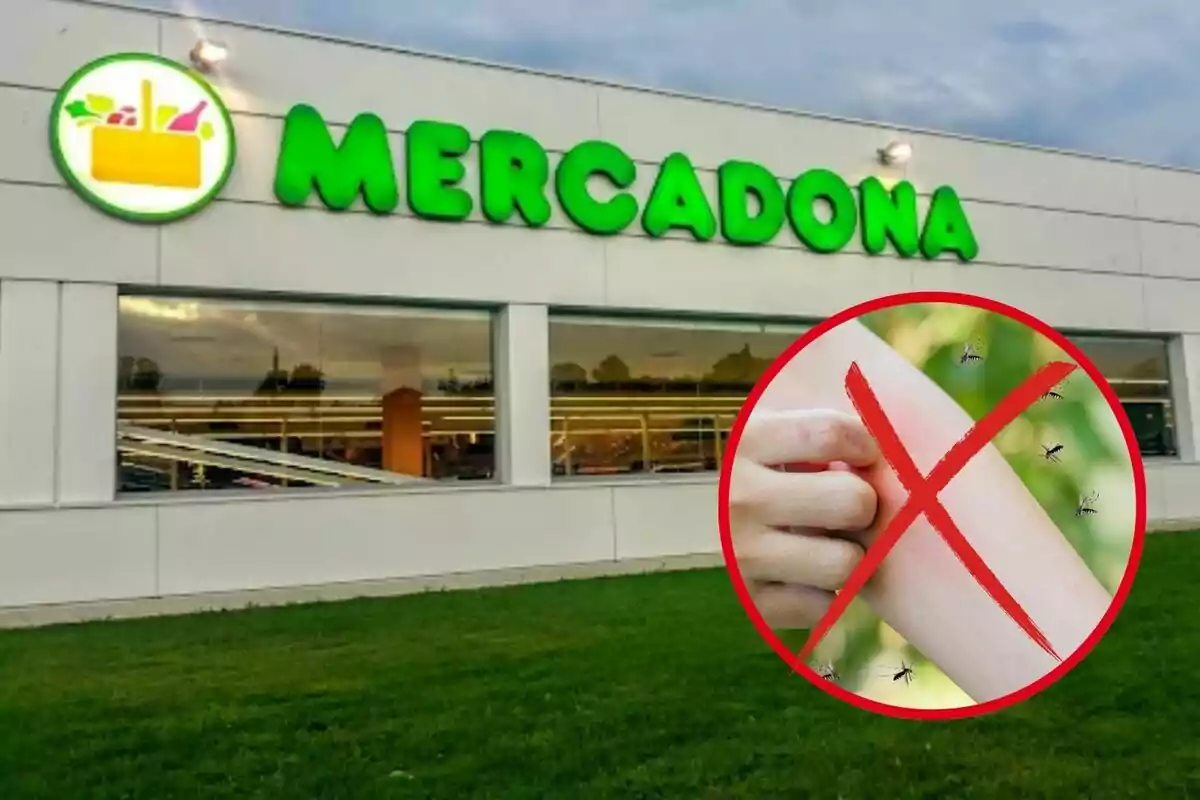 Fachada de un supermercado Mercadona con un símbolo de prohibición sobre una imagen de una persona rascándose el brazo rodeada de mosquitos.