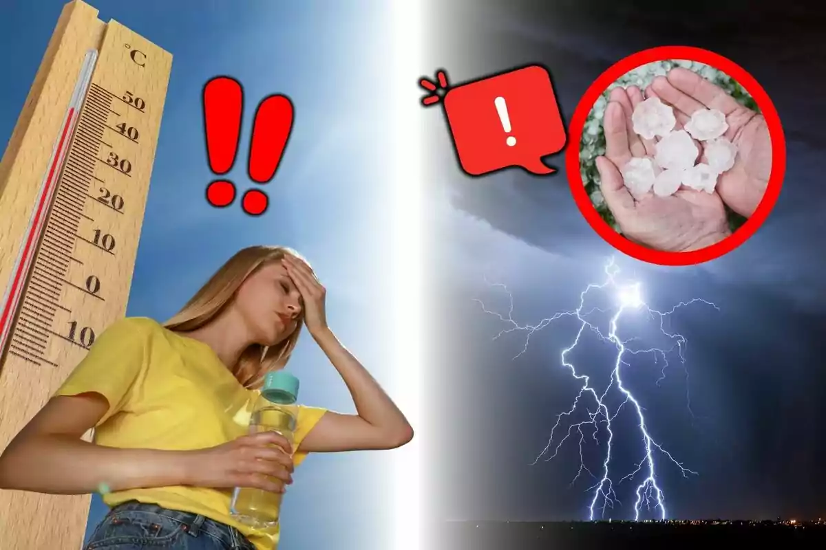 Imagen dividida en dos mitades, una muestra calor extremo con un termómetro alto y una mujer afectada por el sol, la otra muestra una tormenta eléctrica con granizo en unas manos y símbolos de advertencia.