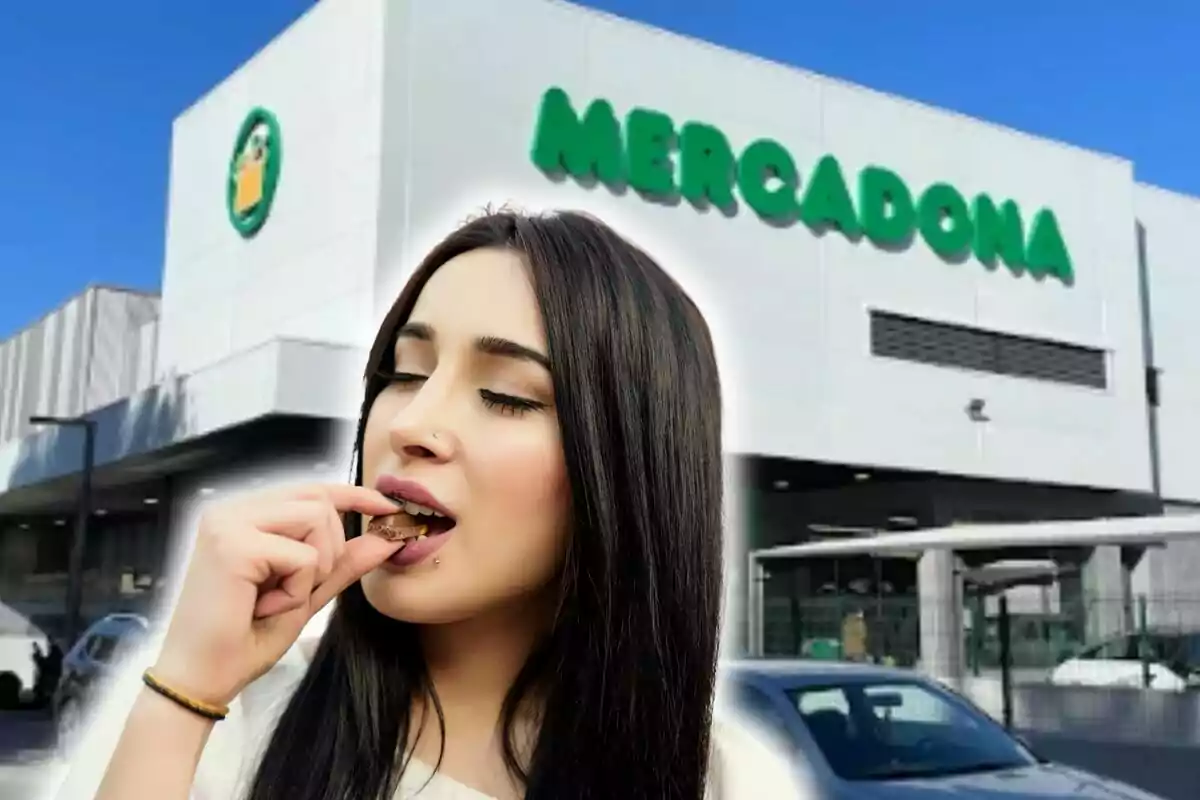 Mujer disfrutando de un bocado frente a un supermercado Mercadona. Mujer disfrutando de un bocado frente a un supermercado Mercadona.