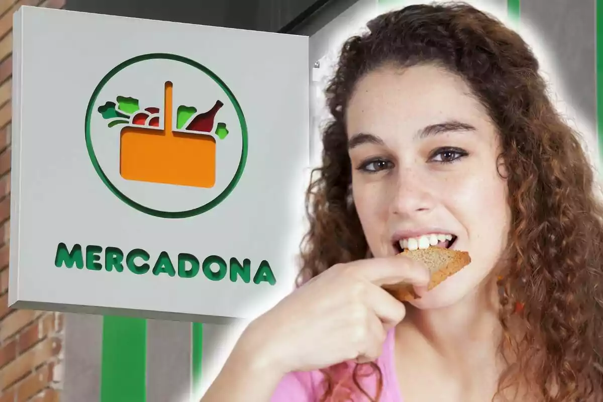 Una mujer comiendo pan frente a un cartel de Mercadona. Una mujer comiendo pan frente a un cartel de Mercadona.