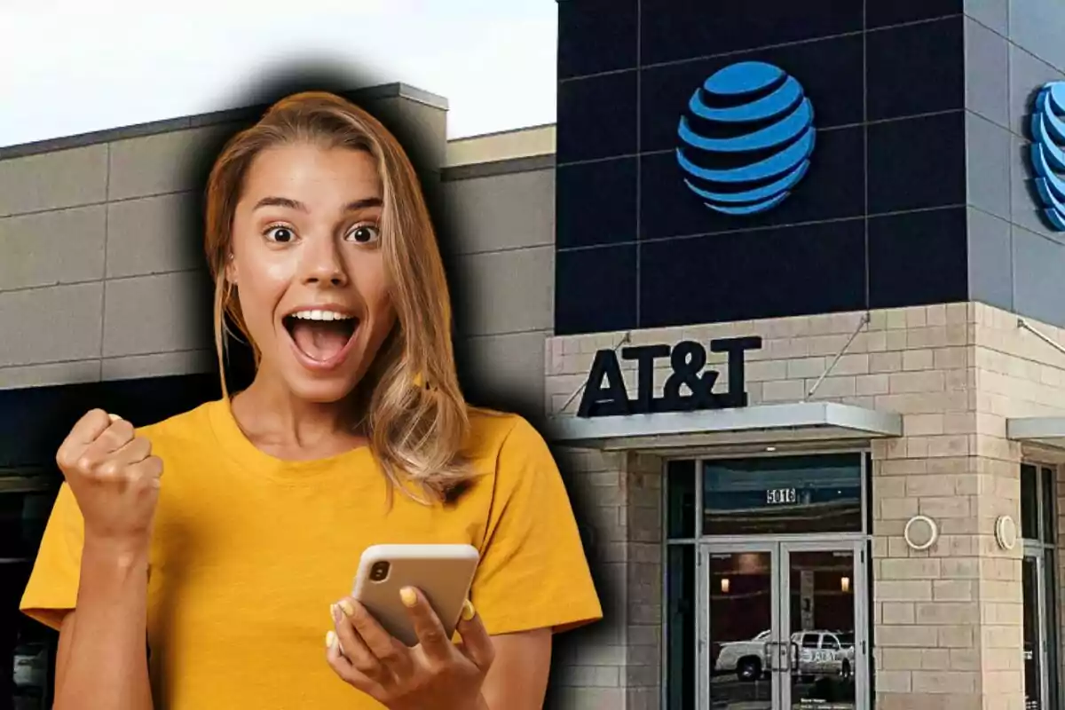 A person excited with a phone in front of an AT&T store.