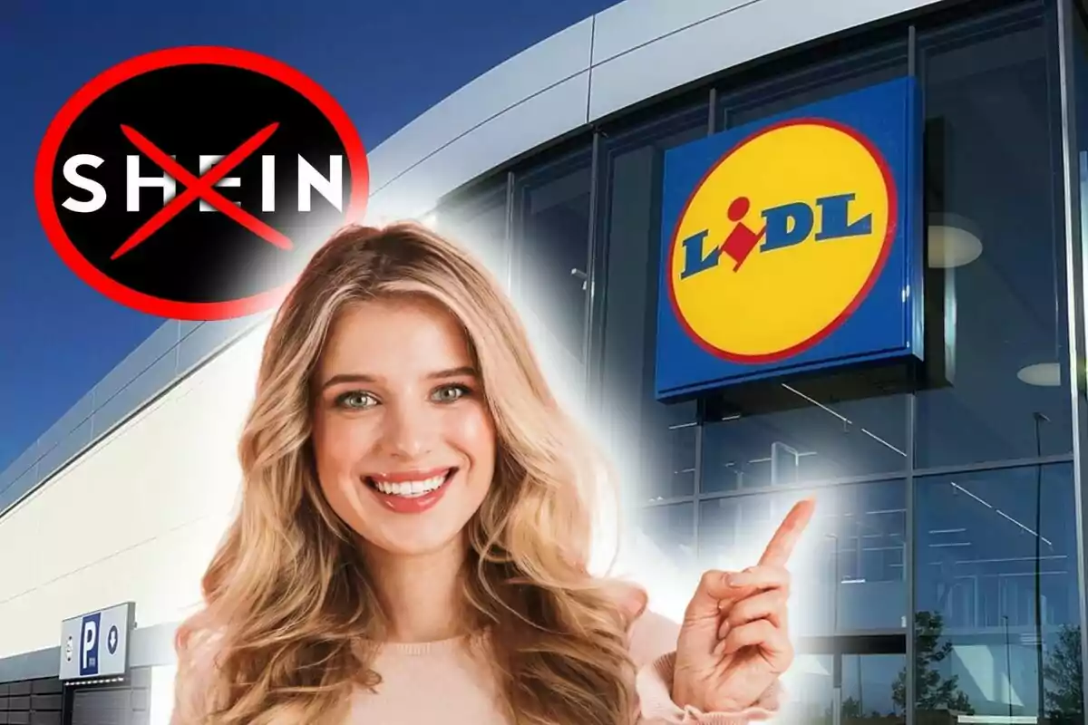 Una mujer sonriente señala el logotipo de Lidl en un edificio, mientras un símbolo de prohibición aparece sobre el logotipo de Shein.