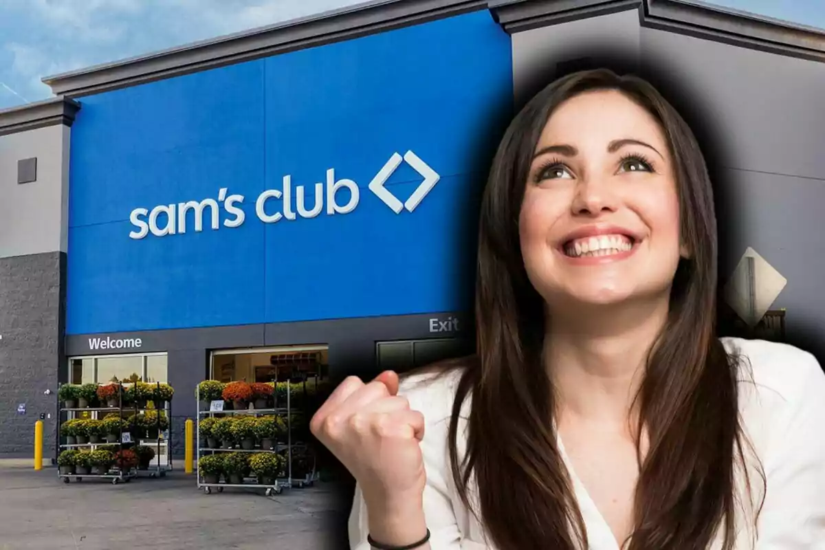 Photo montage of a smiling woman with an excited expression in front of the entrance to a Sam’s Club store in the United States.