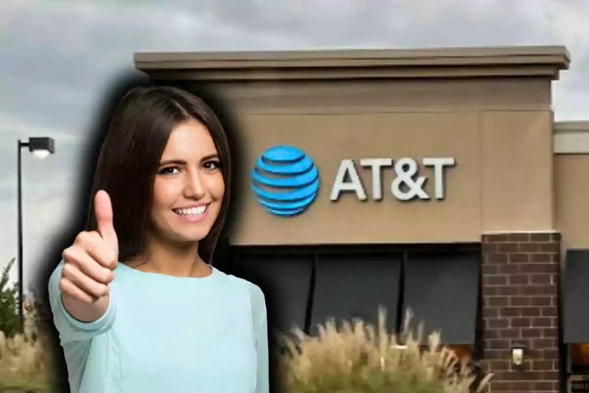 Una persona sonriente con el pulgar hacia arriba frente a un edificio de AT&T. Una persona sonriente con el pulgar hacia arriba frente a un edificio de AT&T.