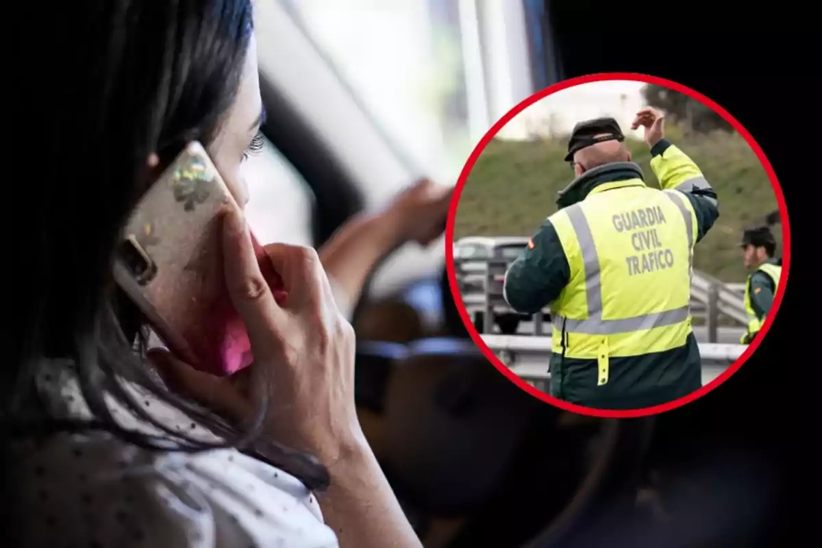 Una persona hablando por teléfono mientras conduce y un agente de la Guardia Civil de Tráfico en un círculo rojo.