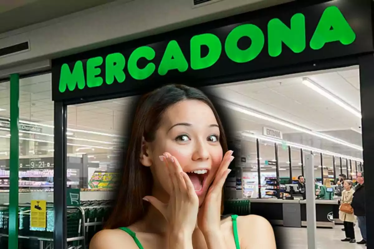 Montaje de fotos de una mujer sorprendida frente a la entrada de un supermercado Mercadona.