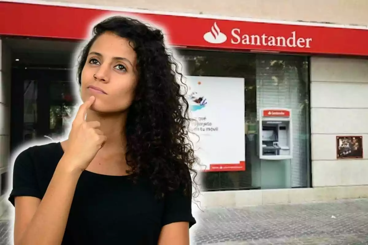 Thoughtful woman in front of a Santander bank branch.