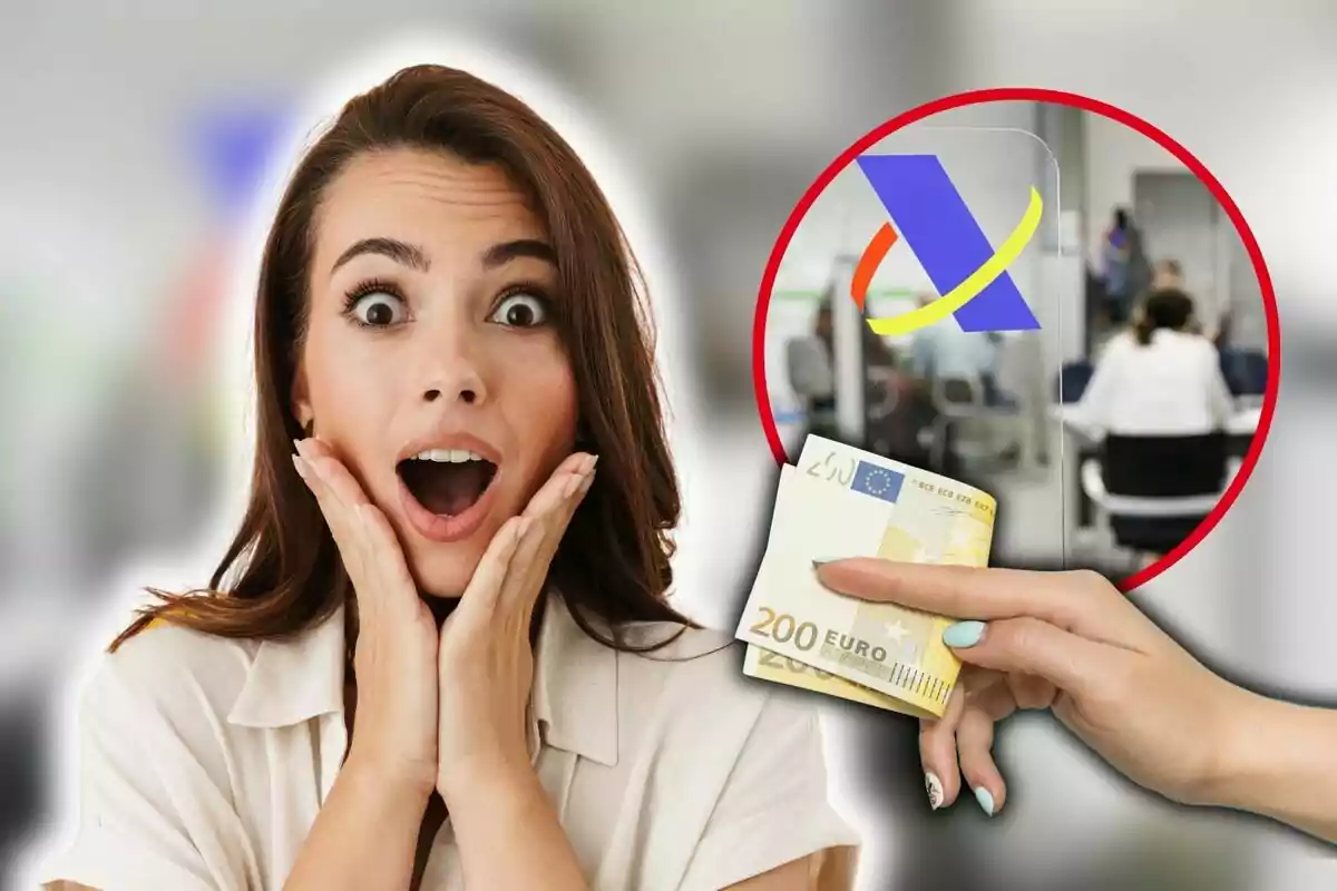 A woman with a surprised expression and a hand holding a 200 euro bill in front of a government entity logo.