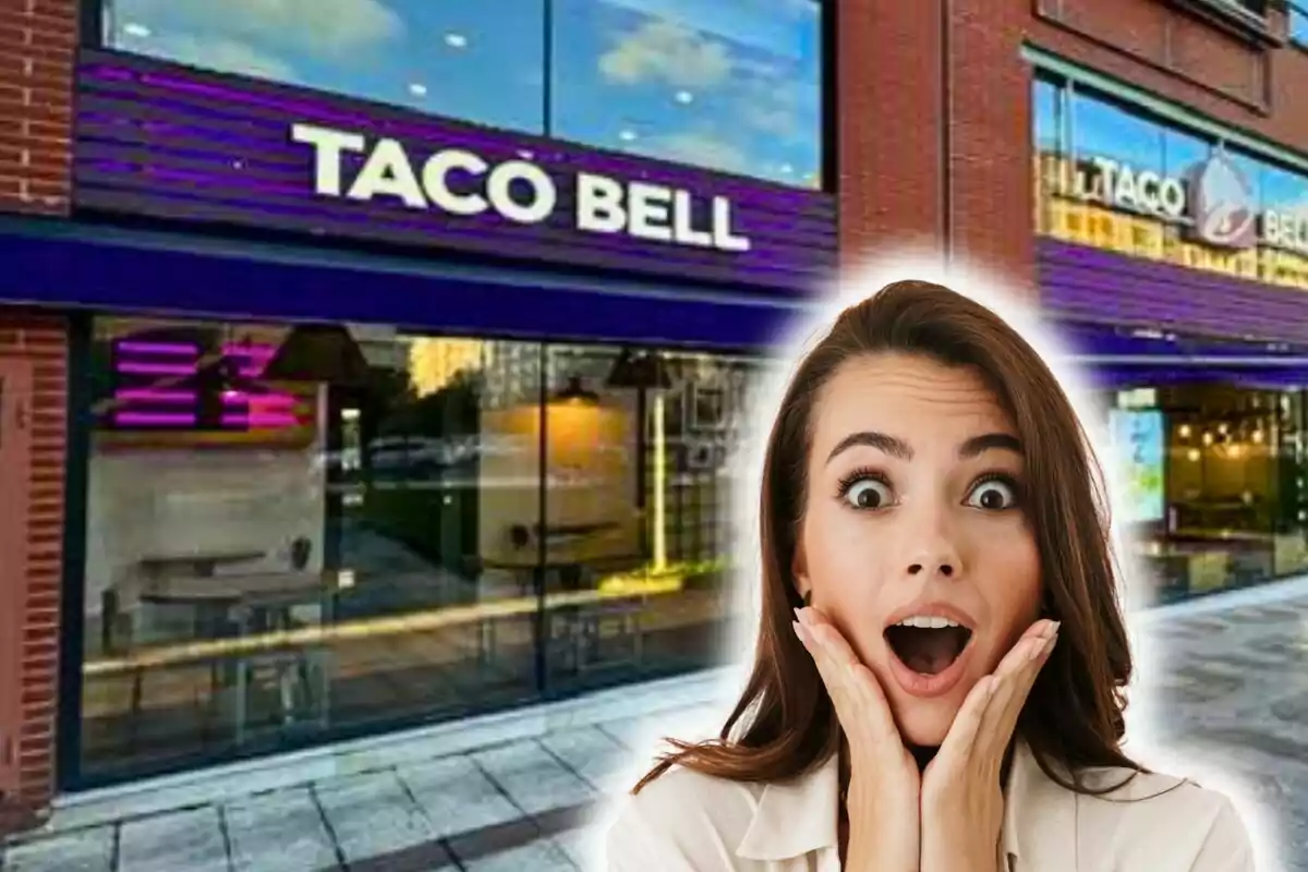 A woman with a surprised expression in front of a Taco Bell restaurant.