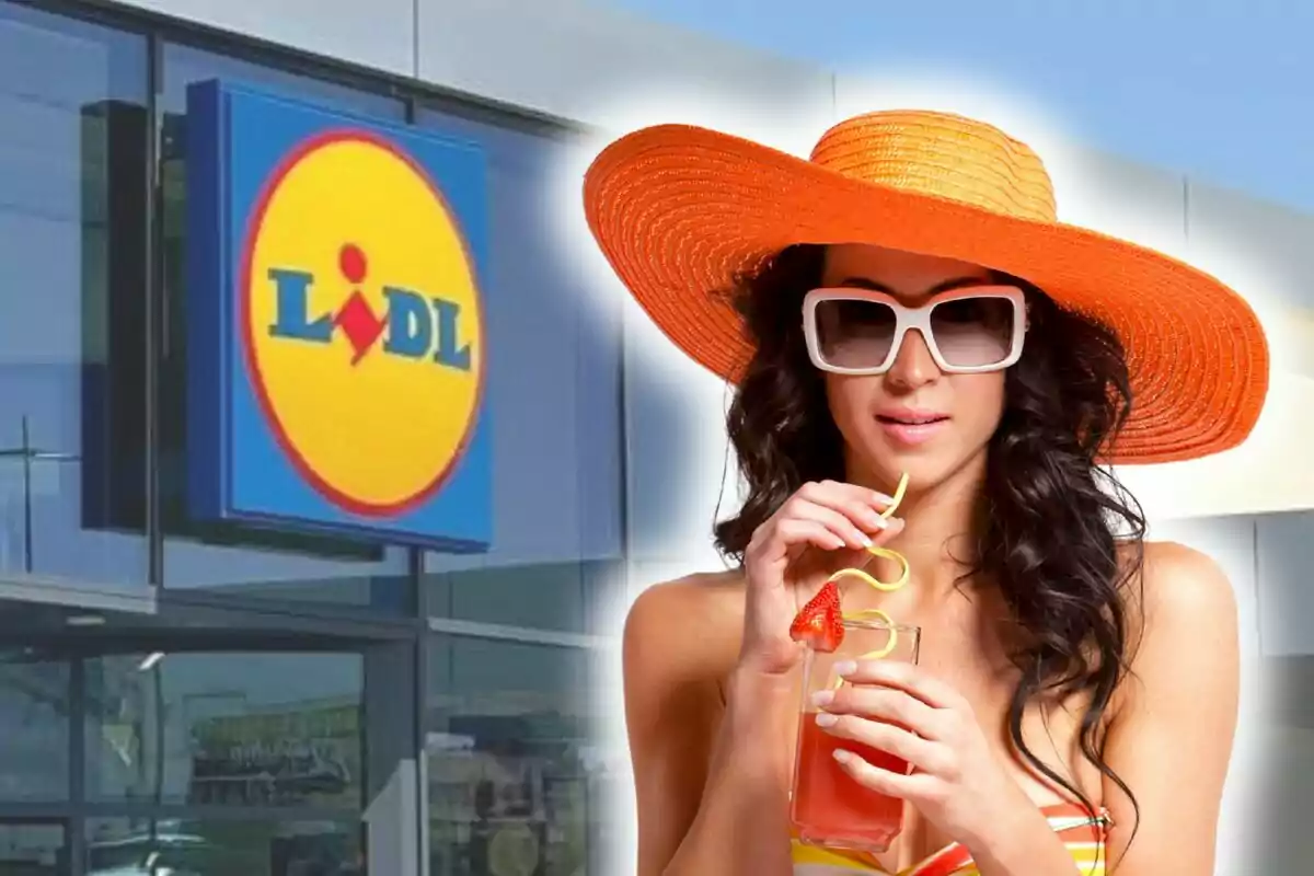 Una mujer con sombrero naranja y gafas de sol sostiene una bebida frente a un edificio con el logo de Lidl.