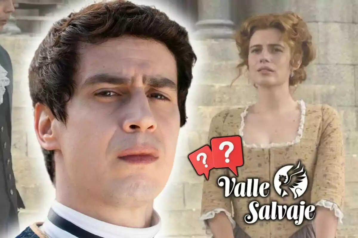 Close-up of actor Nacho Olaizola with a serious face and another character from the series in the background, with the "Valle Salvaje" logo and two question mark icons.