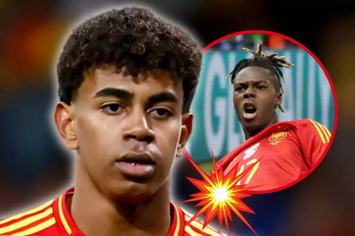 Dos jugadores de fútbol con la camiseta de la selección española, Lamine Yamal en primer plano y Nico Williams en un círculo con un efecto de explosión.