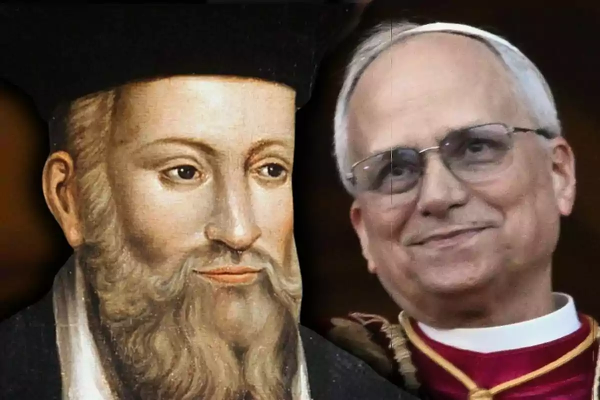 Close-up photo montage of Nostradamus and Pope Leo XIV in religious attire.