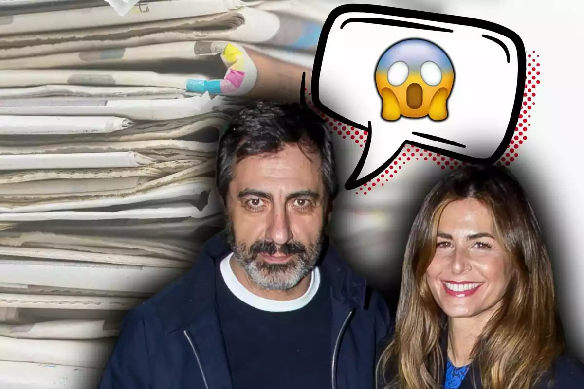 Una pareja sonriente, formada por Juan del Val y Núria Roca, frente a una pila de periódicos con un emoji sorprendido en un globo de diálogo.