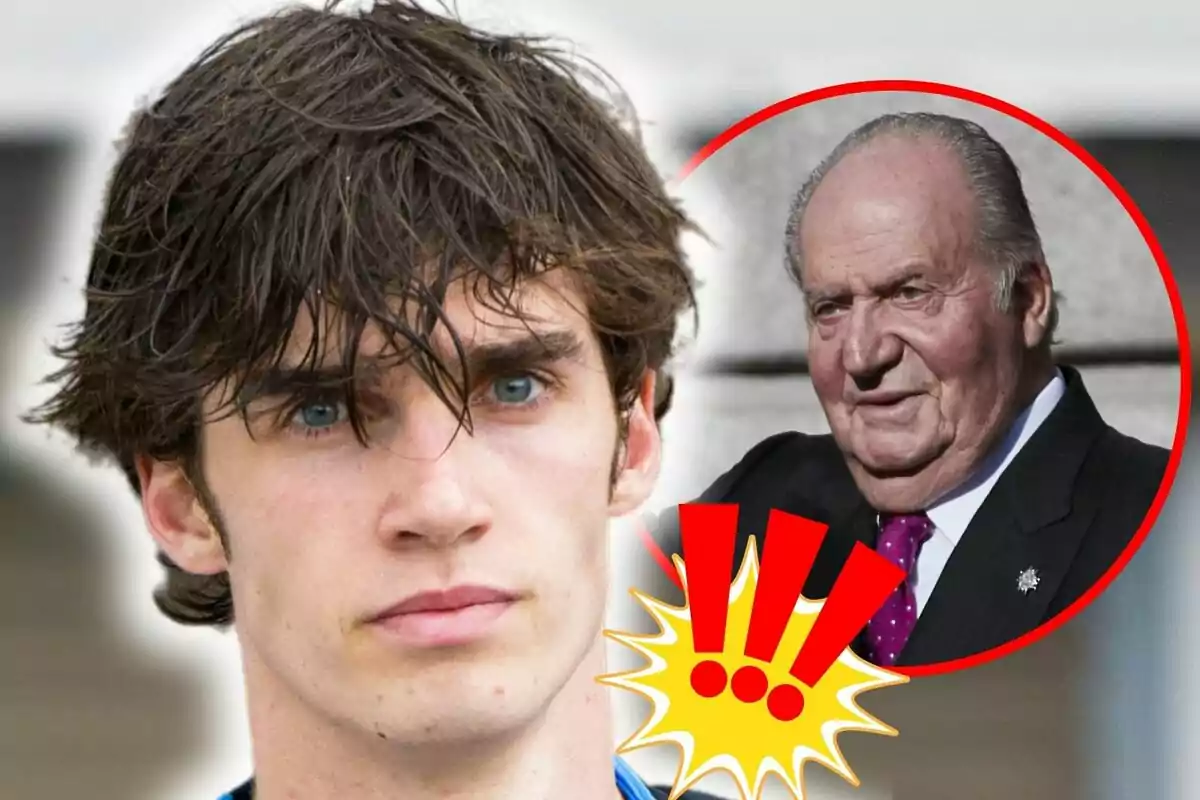 Pablo Urdangarin con cabello oscuro y expresión seria en primer plano, con la imagen de Juan Carlos I en un círculo rojo en la esquina superior derecha y un gráfico de exclamaciones amarillas y rojas en la parte inferior.