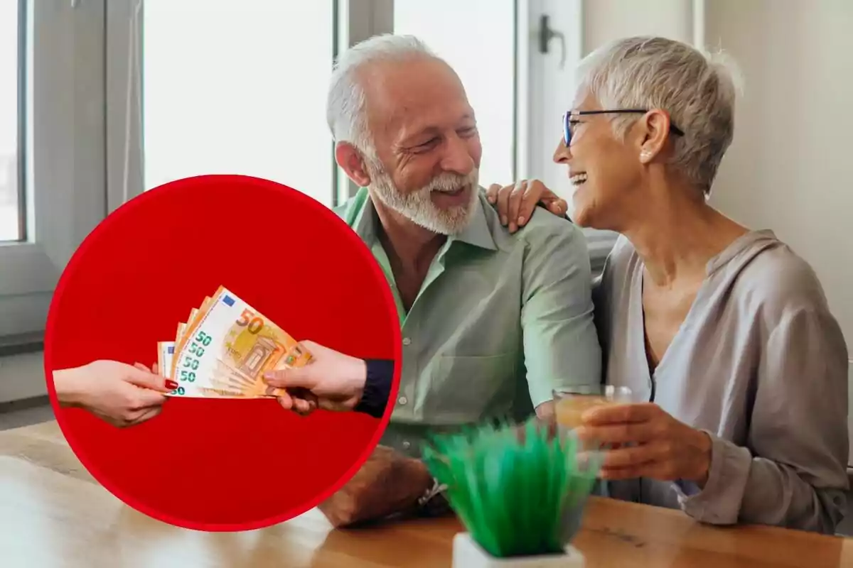 An elderly couple smiling and chatting while one hand hands over euro banknotes to another hand in a red circle.