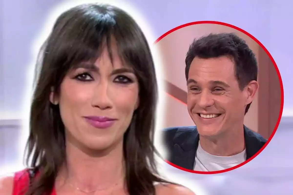 Patricia Pardo con cabello oscuro y labios rosados aparece en primer plano, mientras que Christian Gálvez sonriente es mostrado en un círculo rojo en la esquina superior derecha.