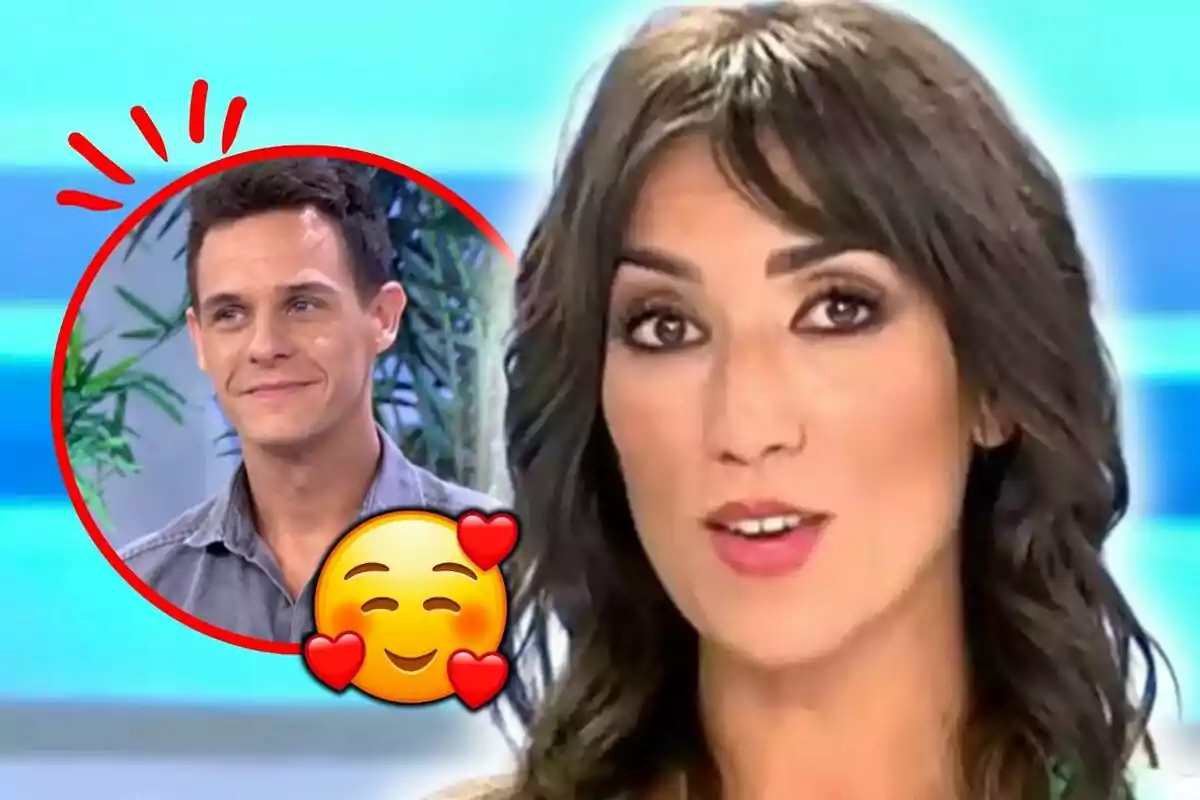 Patricia Pardo en primer plano hablando en televisión con la imagen de Christian Gálvez sonriendo en un círculo rojo y un emoji de cara sonriente con corazones.