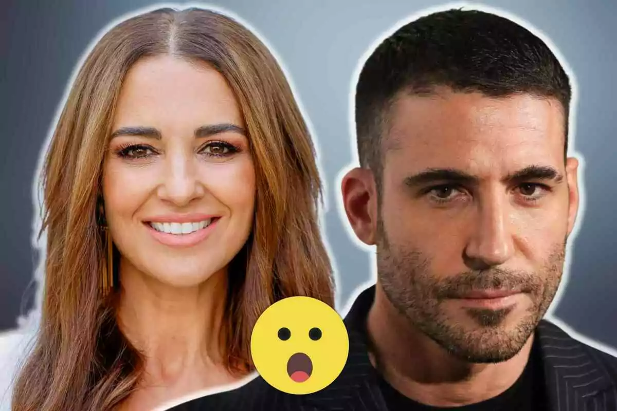 Paula Echevarría and Miguel Ángel Silvestre with a surprised emoji in the center on a gradient background.