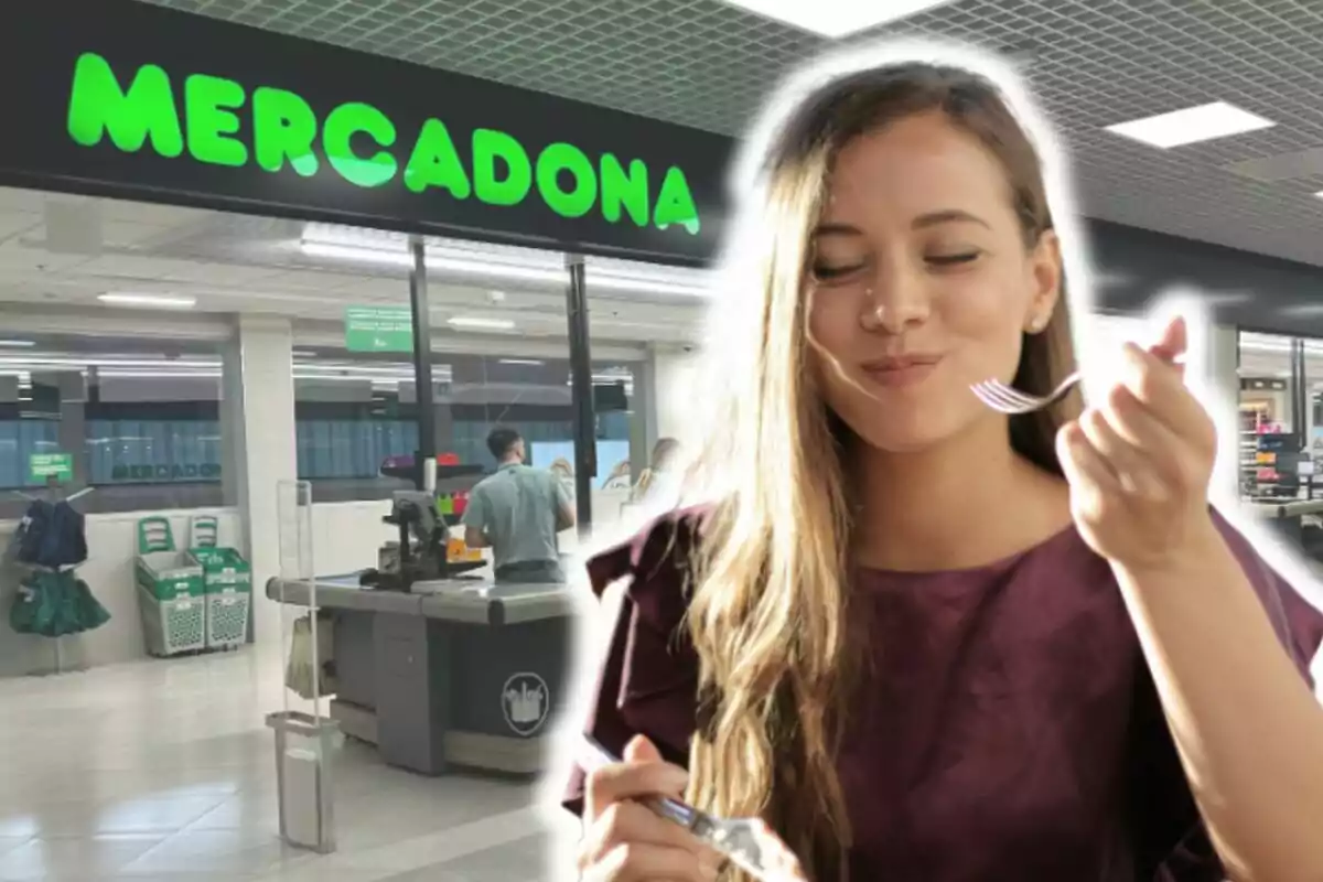 Una mujer disfrutando de una comida frente a una tienda de Mercadona.