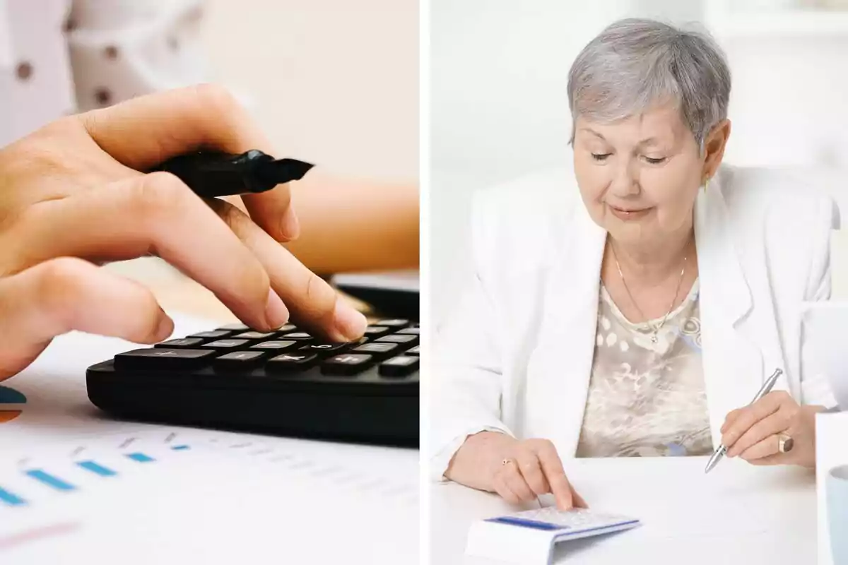 Persona usando una calculadora y mujer mayor trabajando con una calculadora y un bolígrafo. Persona usando una calculadora y mujer mayor trabajando con una calculadora y un bolígrafo.