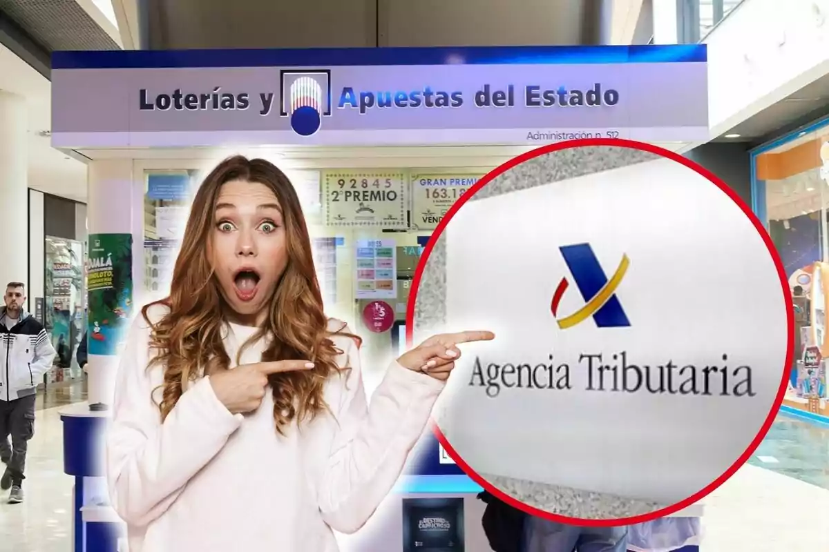 Una mujer con expresión de sorpresa y señalando hacia un logo de la Agencia Tributaria, con un fondo de una administración de Loterías y Apuestas del Estado.