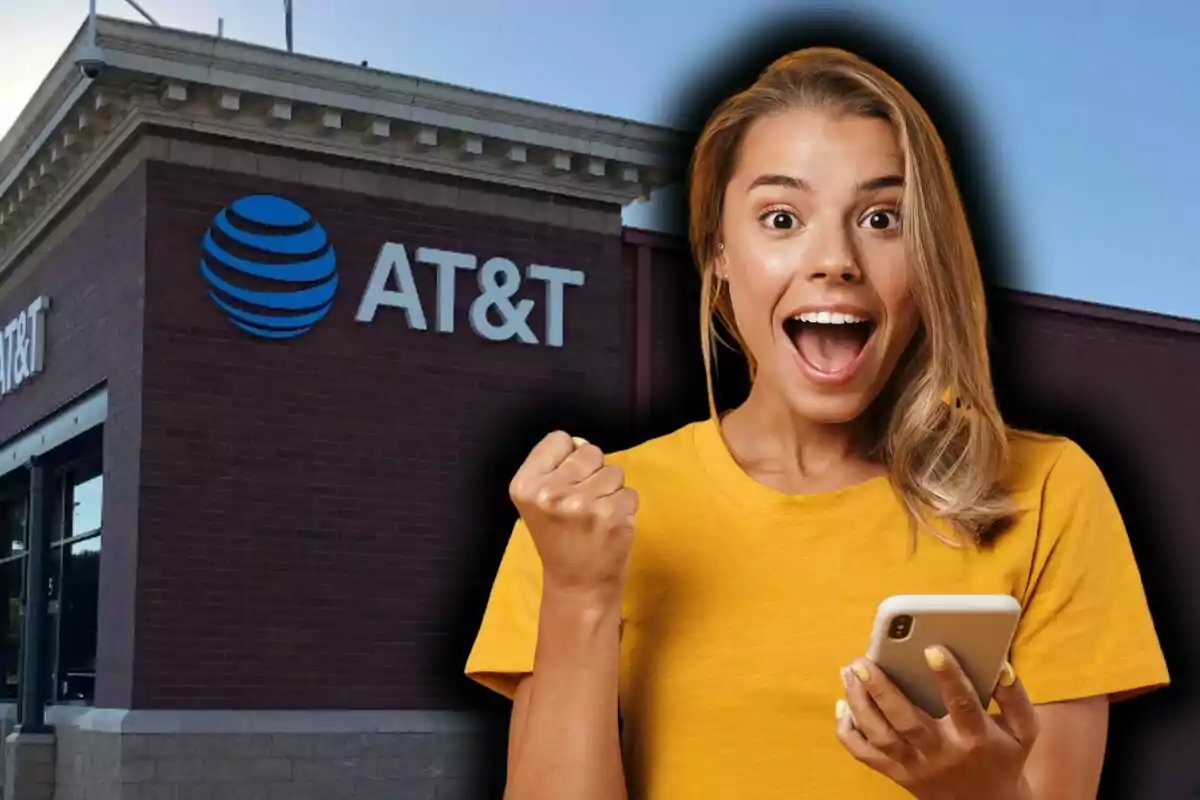 A person excited with a phone in hand in front of an AT&T store. A person excited with a phone in hand in front of an AT&T store.