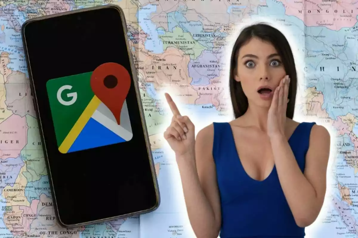 Una mujer sorprendida señala un teléfono con el logo de Google Maps sobre un mapa.