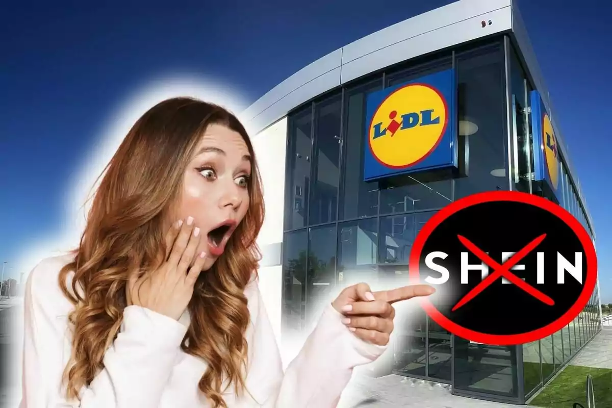 Una mujer sorprendida señala un símbolo de prohibición sobre el logo de Shein frente a una tienda de Lidl.