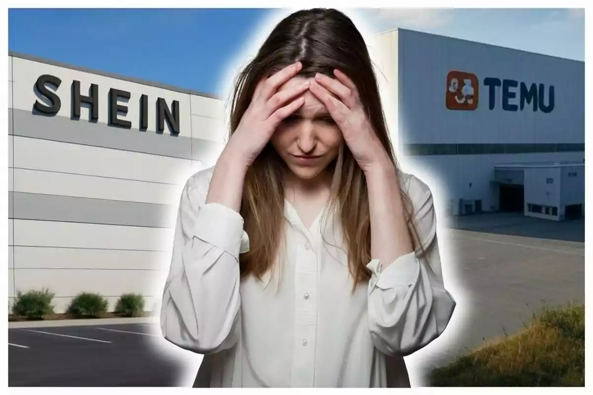 A worried-looking woman stands in front of the Shein and Temu buildings.