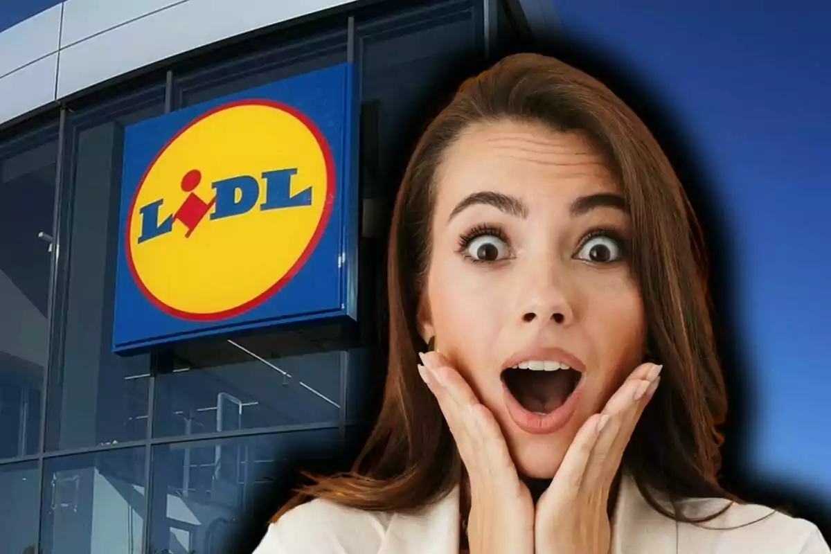 Una mujer con expresión de sorpresa frente a un edificio con el logo de Lidl.