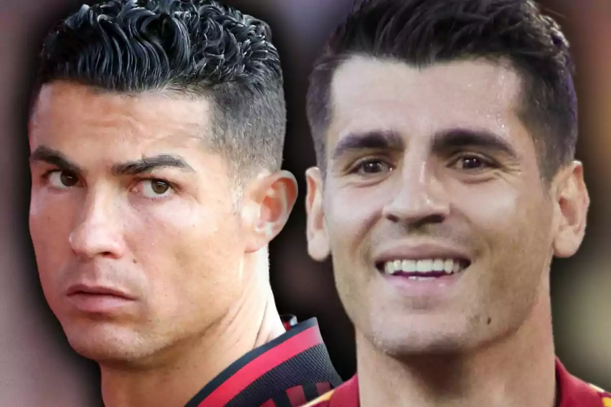 Montaje de fotos de primer plano de Cristiano Ronaldo serio y Álvaro Morata medio sonriente.